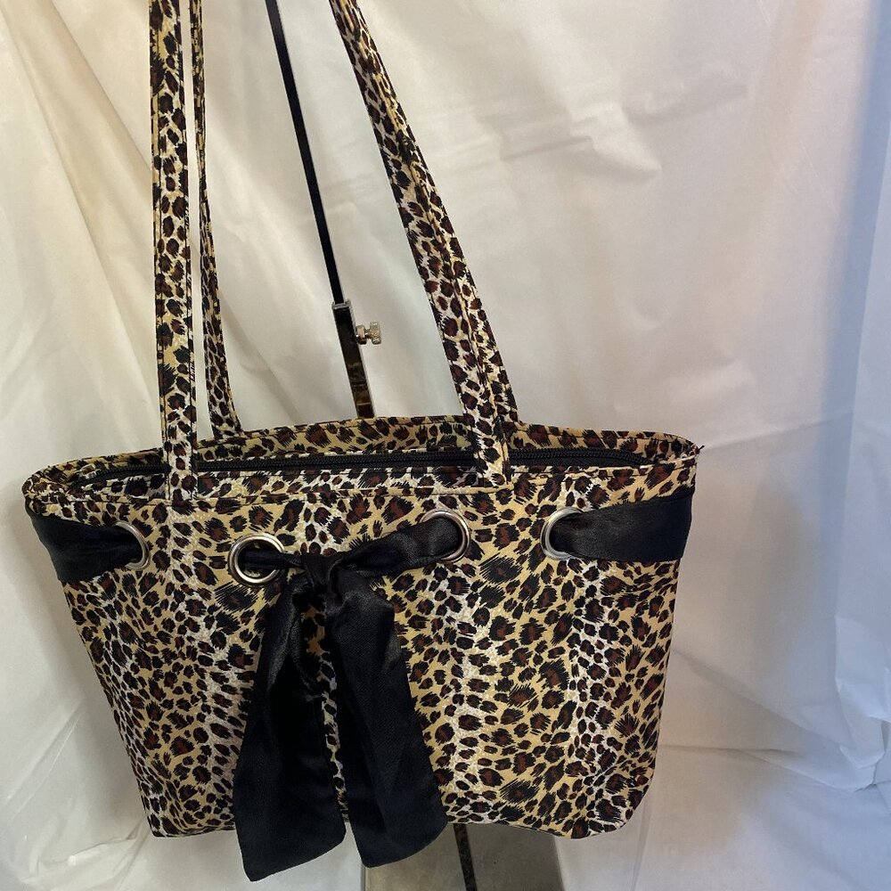 Bold Leopard Print Tote Bag with Black Trim & Big Black Satin Bow